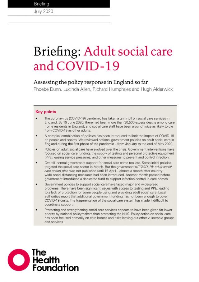 Front cover for 2020 Health Foundation report looking a social care policy response during the COVID-19 pandemic