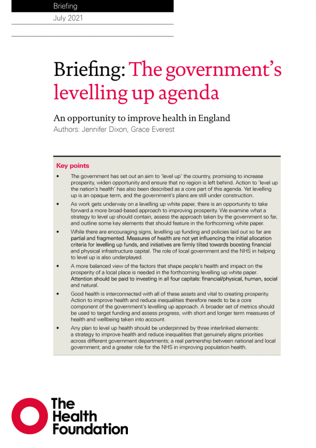 Front cover for Health Foundation publication 'The government's levelling up agenda'.