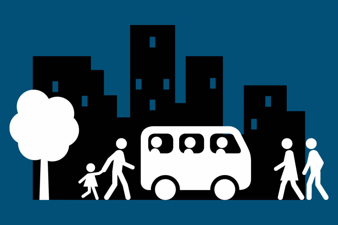 Graphic showing buildings, people, bus and a tree.