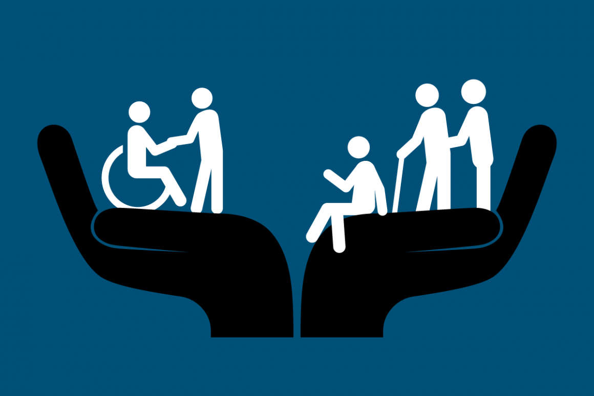 Graphic showing hands holding people, including a person using a wheelchair.
