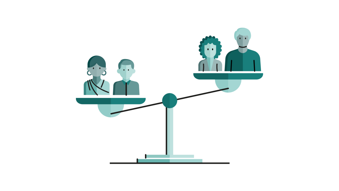 Illustration of people on both ends of an unbalanced scale to represent health inequalities 