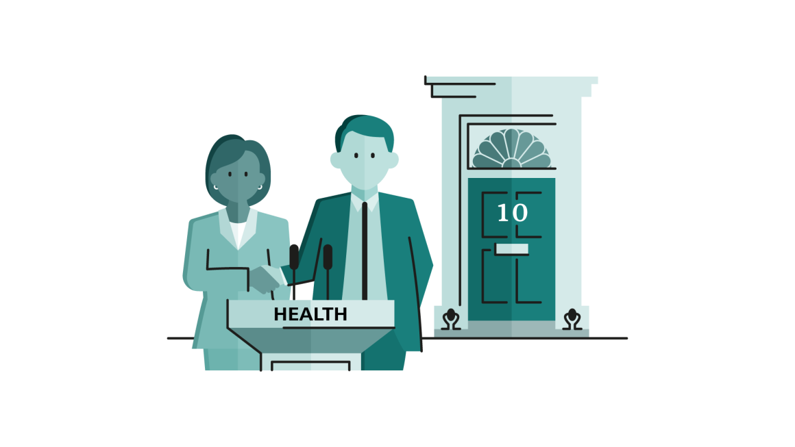 Illustration of two health ministers outside Number 10 Downing Street