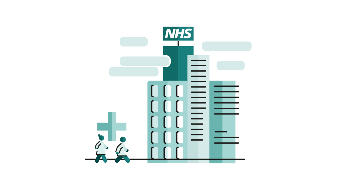 Illustration of two medical workers entering NHS infrastructure