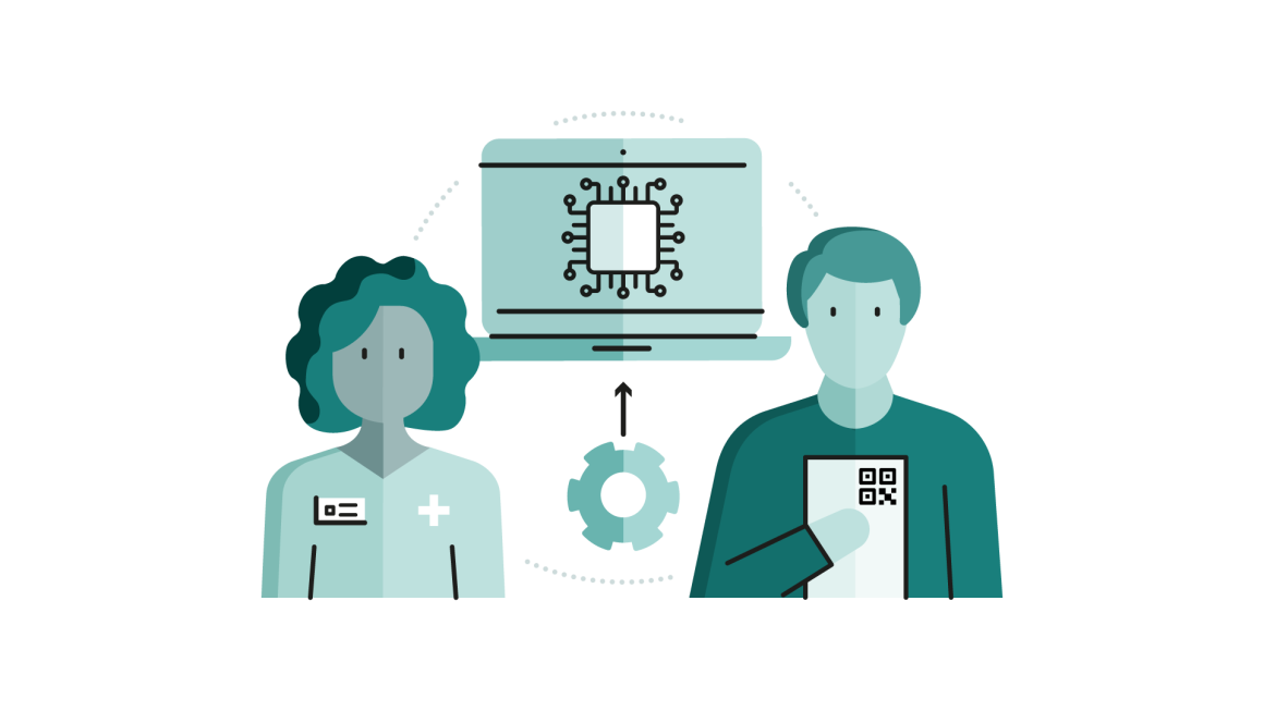 Illustration of two health care workers and how they use technology