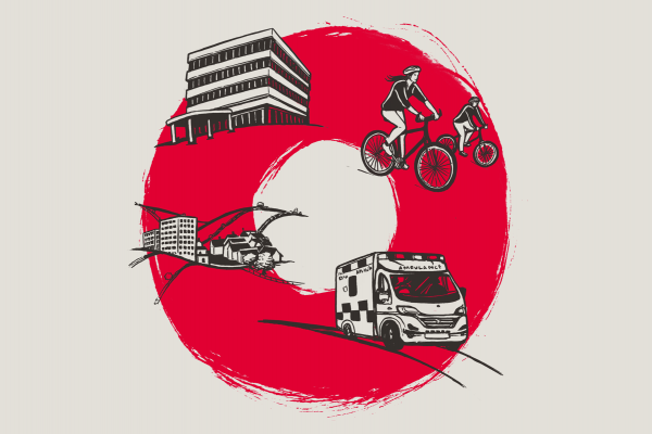 An image of a hospital, town, people riding bikes and an ambulance