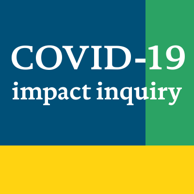 The words COVID-19 impact inquiry are written over three blocks of colour (blue, green and yellow)