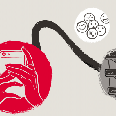 mobile phone being used, emojis and text chat illustration