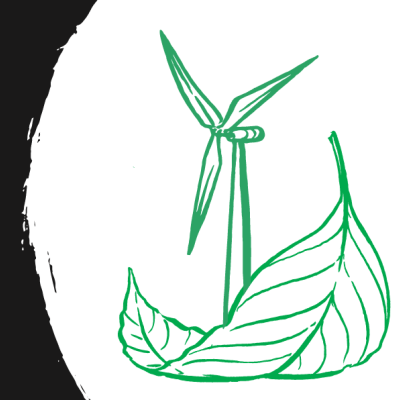 Green illustration of a wind turbine on a leaf
