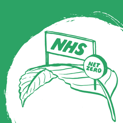 Green and white illustration of NHS and net zero signs on a big leaf