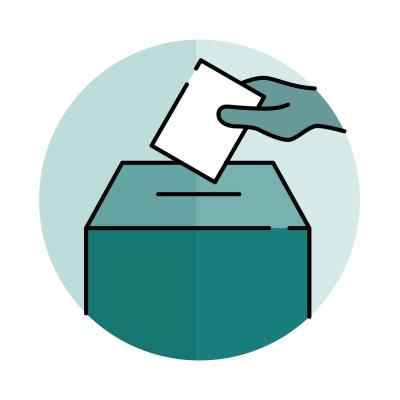 Graphic showing a ballot being placed in a ballot box.